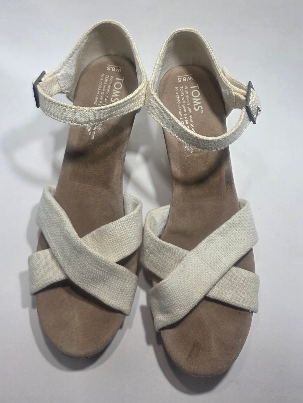 TOMS Women's Wedge Sandals Size 8.5 White Canvas Cork Heel Ankle Strap - Picture 4 of 9